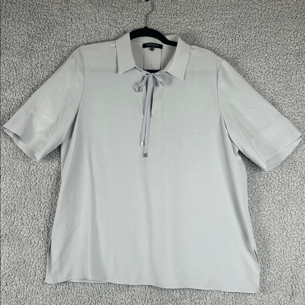 Lafayette 148 Short Sleeve Collared 100% Silk Drawstring Collar Gray Top Size L